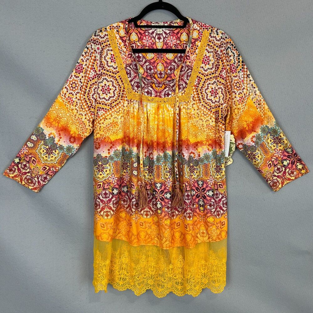 One World XL Boho Tunic Top Lace Hem Coachella Floral Festival Summer Bright